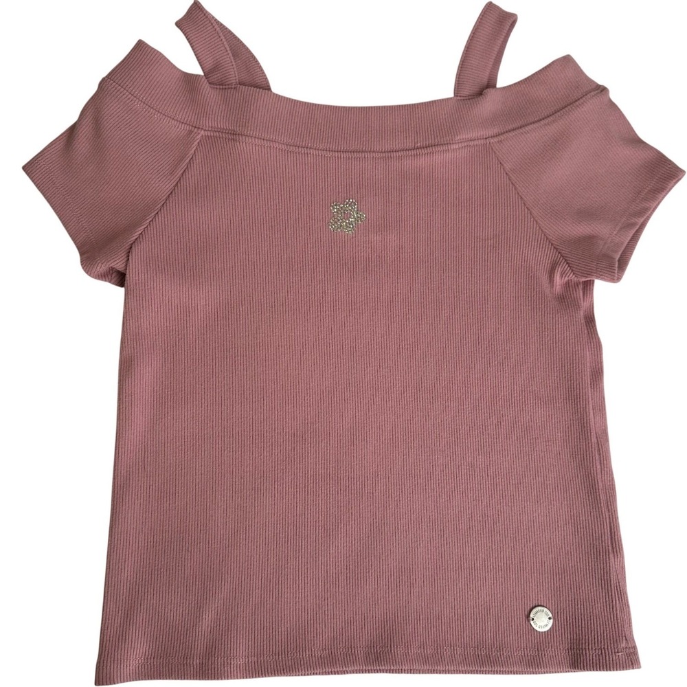 Limited Too Cold Shoulder Top Girls Medium 10 Pink Ribbed Rhinestone Flower